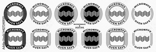Microwaves flat linear icons set. Symbol for the safety of using cookware in a microwave oven. Label for the suitability of plastic utensils for safe heating and microwave cooking. Vector