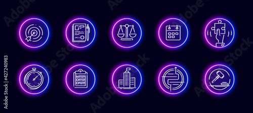 10 in 1 vector icons set related to comparison theme. Lineart vector icons in neon glow style