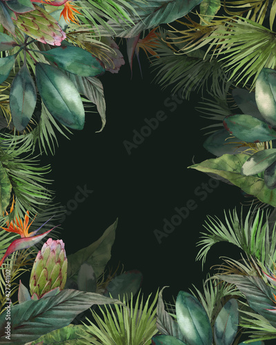 Fototapeta Naklejka Na Ścianę i Meble -  Watercolor summer floral frame. Hand drawn greeting card design with exotic leaves and branches isolated on dark background. Palm tree, protea, banana leaves border