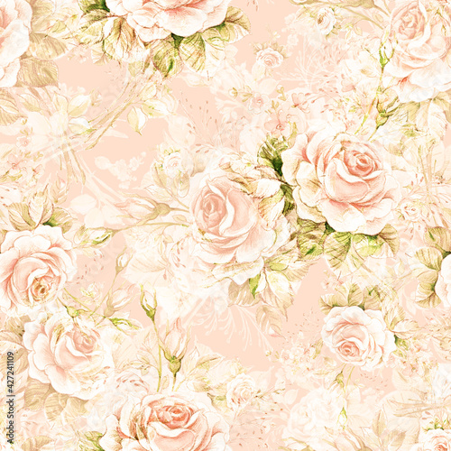 Fototapeta Naklejka Na Ścianę i Meble -   Watercolor seamless pattern roses in bud