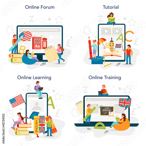 English class online service or platform set. Study foreign languages