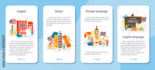 English class mobile application banner set. Study foreign languages in school