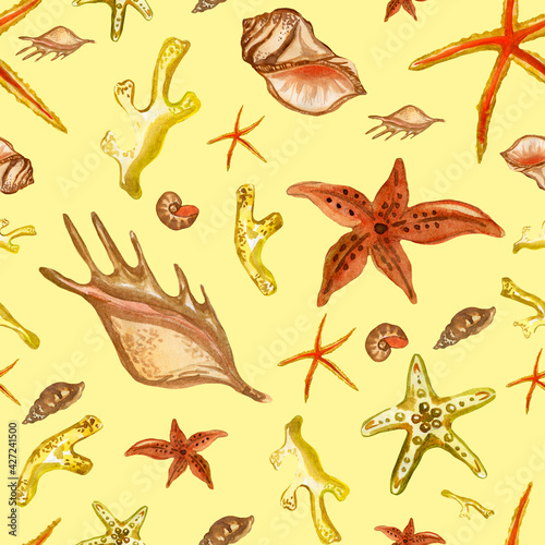 seamless pattern of stars and seashells on yellow background