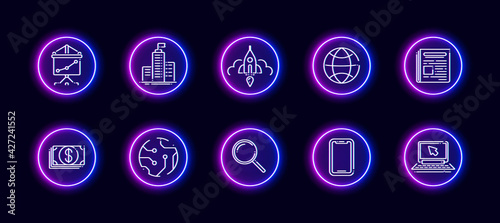 10 in 1 vector icons set related to hardware development theme. Lineart vector icons in neon glow style