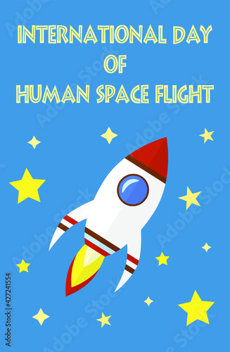 International day of human space flight greeting card, flying rocket and stars, 12th of April