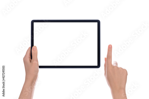 Hands holding black tablet pc, isolated on white background