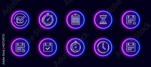 10 in 1 vector icons set related to time management theme. Lineart vector icons in neon glow style