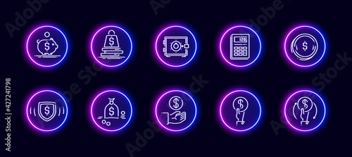 10 in 1 vector icons set related to money and finances theme. Lineart vector icons in neon glow style