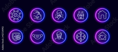 10 in 1 vector icons set related to corona virus medical theme. Lineart vector icons in neon glow style