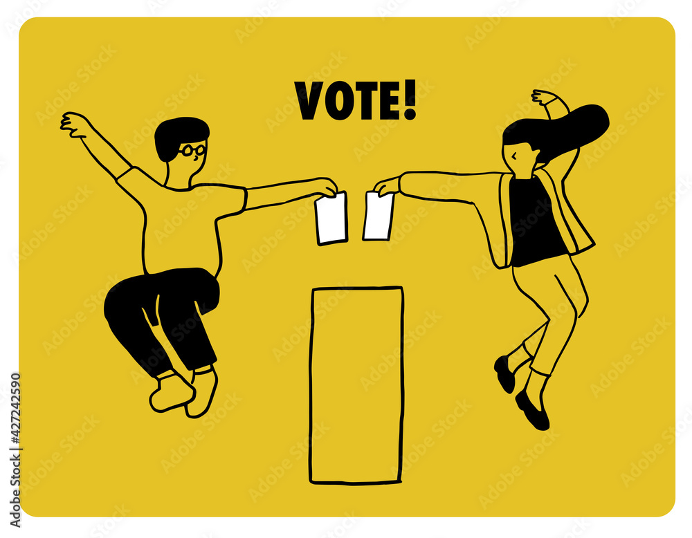 VOTE!「選挙へ行こう」踊りながら投票する若者のイラスト Stock Vector