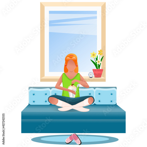 The character is eating dessert on the couch. House, furniture. The concept of spending time at home alone on weekends, on vacation, in quarantine. White background. © Катерина S
