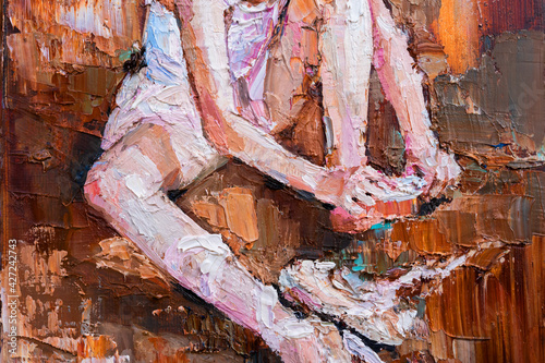 Fototapeta Naklejka Na Ścianę i Meble -  Fragment of oil painting, palette knife technique and brush.  Young girl, ballerina in the white tutu, tying pointe shoes. Background created with expressive strokes in bright colors.