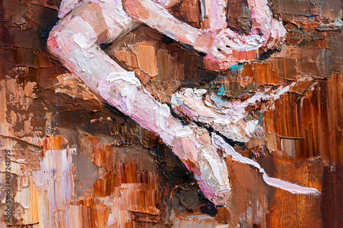 Fragment of oil painting, palette knife technique and brush. Young girl, ballerina in the white tutu, tying pointe shoes. Background created with expressive strokes in bright colors.