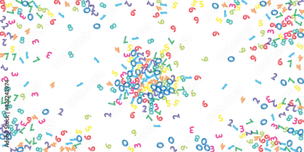 Falling colorful sketch numbers. Math study concept with flying digits. Symmetrical back to school mathematics banner on white background. Falling numbers vector illustration. Falling colorful sketch numbers. Math study concept with flying digits. Symmetrical back to school mathematics banner on white background. Falling numbers vector illustration.
