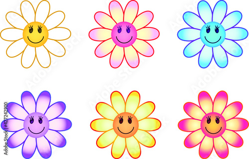 Set of colorful fllowers. Collection of smiling chamomiles in different colors and gradients. Smile flowers isolated on white background.