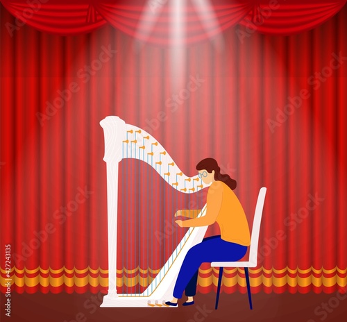 Theater music, harp performance, instrument theater event, culture classic sound, design, cartoon style vector illustration.