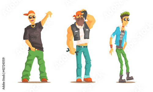Men of Different Subcultures Set, Male Rapper, Biker, Punk Characters Cartoon Vector Illustration