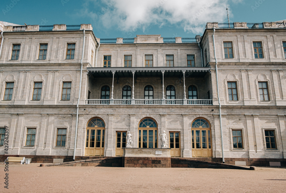 The Great Gatchina Palace. The central building and sculptures represent Caution and Prudence. Gatchina, Saint-Petersburg, Russia. 
