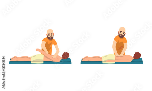 Male Professional Masseur Massaging Patient Lying on Bed Set, Beauty Salon Procedure, Spa Treatment, Chiropractic Massage, Rehabilitation Vector Illustration