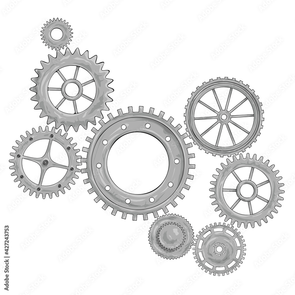 Vector illustration of a gear. Grey round gear elements of the mechanism. Group silver isolated details. Vector illustration of a gear. Grey round gear elements of the mechanism. Group silver isolated details.