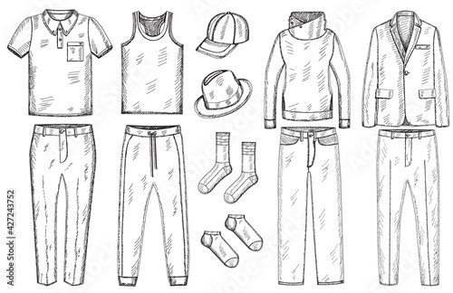 vector, isolated, sketch, hand-drawn mens clothing set, collection