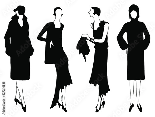 Black and white collection of drawings of girls models of the last century on a white background.