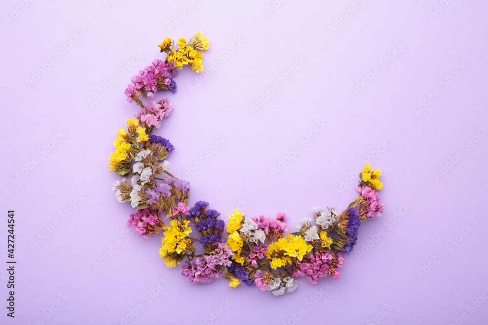 Flowers composition. Gypsophila flowers on pastel purple background. Flat lay, top view, copy space