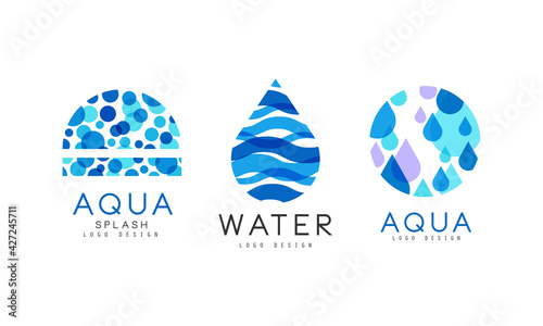 Aqua Splash Logo Design Set, Water Blue Badges, Natural Mineral Aqua Labels Vector Illustration