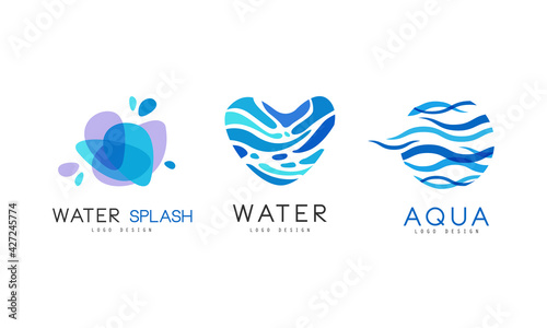 Water Splash Logo Design Set, Natural Aqua Blue Badges, Labels Vector Illustration