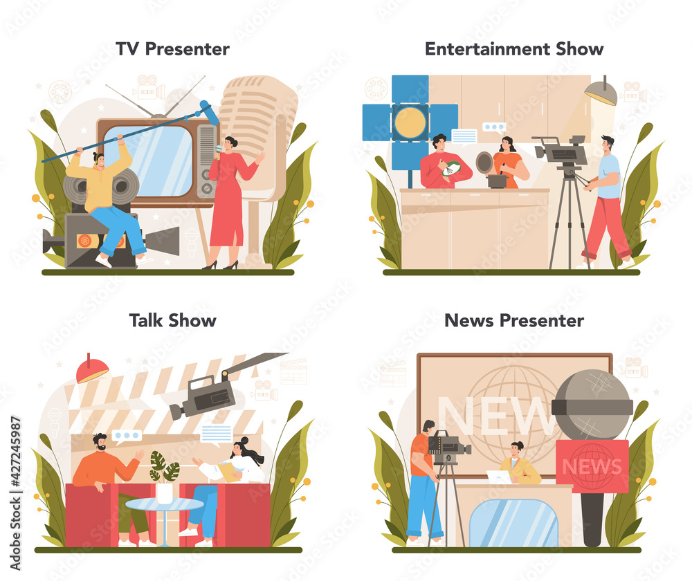TV presenter concept set. Television host in a studio doing a show.