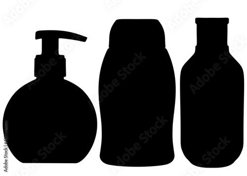 Liquid soap, shampoo and shower gel included. Vector image.