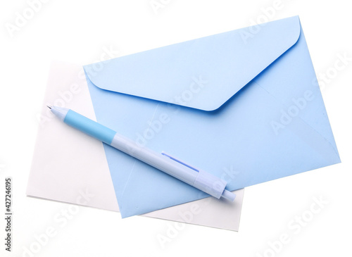 Blue Envelope with a letter and pen isolated on white background.