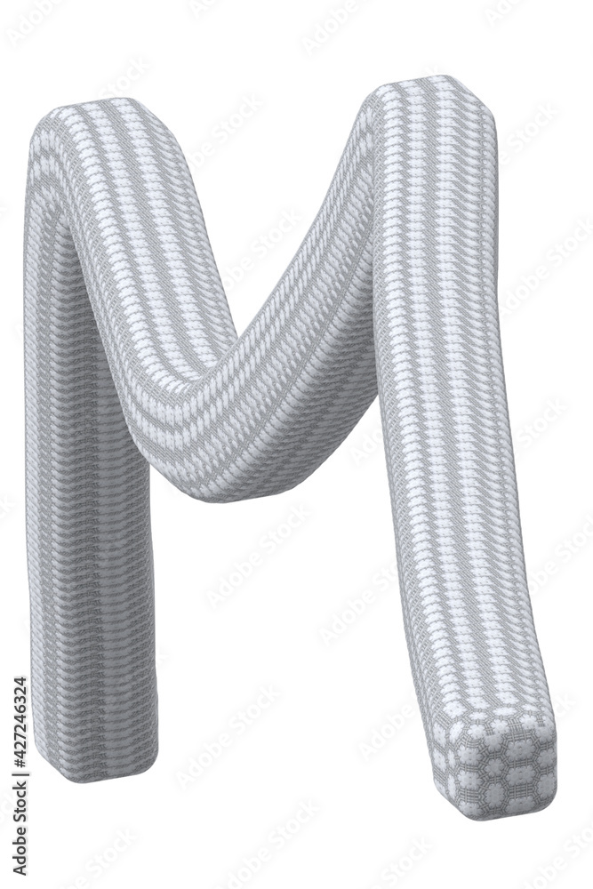 Buchstabe M im Textilkabel-Look gestaltet, Buchstabe im 3d Style und weiß-grau auf weißem Hintergrund Buchstabe M im Textilkabel-Look gestaltet, Buchstabe im 3d Style und weiß-grau auf weißem Hintergrund