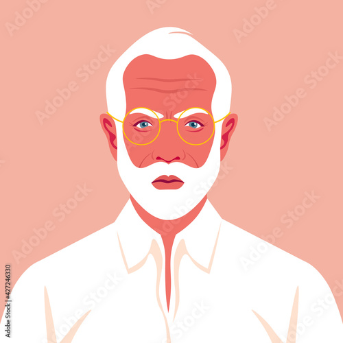 Avatar of an angry man. Portrait of aa face of an elderly businessman in a white shirt. Vector illustration in flat style