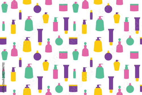 Self-care containers seamless pattern. Repetitive vector illustration of various self-care containers  bottles and jars on transparent background.