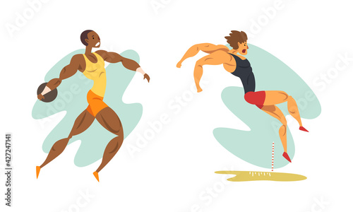 Track and Field Athletes in Action Set, Long Jump, Disc Throw Cartoon Vector Illustration