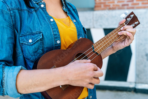 Fotografía horizontal view of unrecognizable woman playing the ukelele outdoors