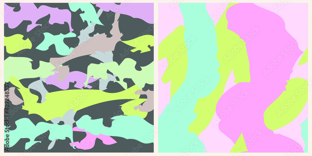 Set of patterns with an asymmetric pattern, abstract collage. Brushstrokes. Freehand digital art backgrounds for flyer, poster, cover, textile print. 