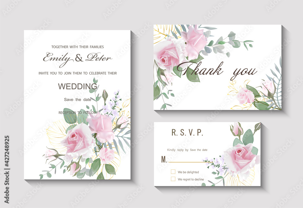 Wedding invitation with realistic bouquets Rose flower. Vector illustration. EPS 10
