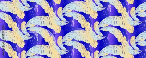 feathers on a blue background. bright mottled horizontal pattern. paisley. site header. chinese brocade.