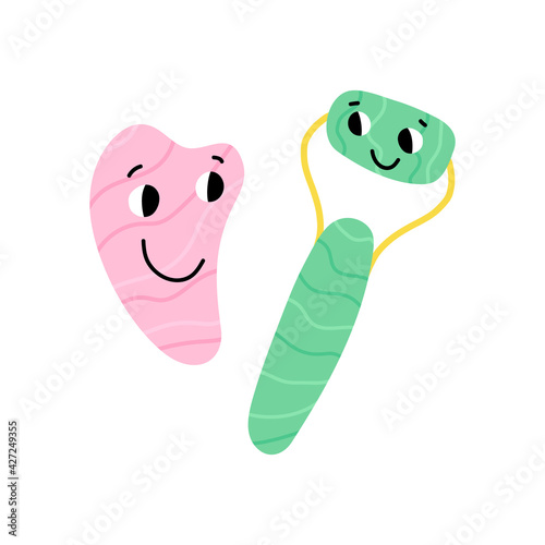 Cute gua sha or jade crystal scraper, face roller or massager characters. Couple of funny beauty routine tools.