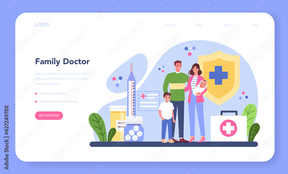 Family doctor web banner or landing page. Healthcare, modern