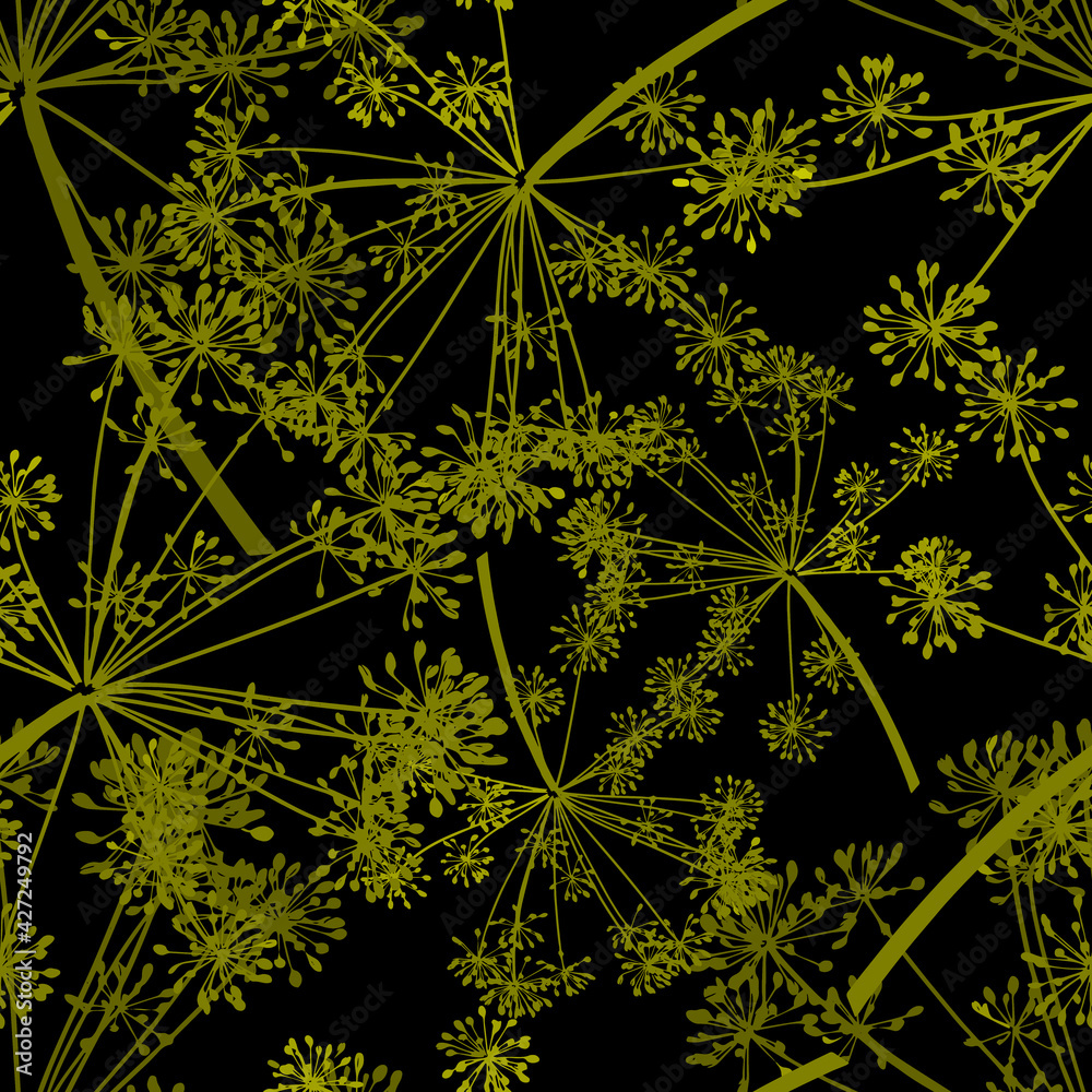 Yellow vector seamless pattern of dill seeds is on a black background