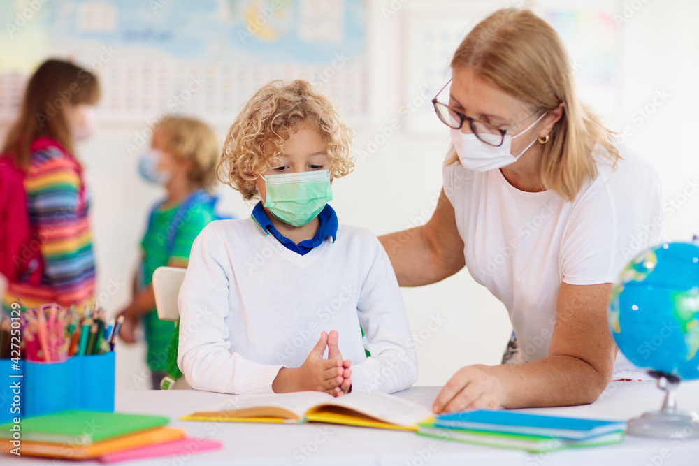 Kids on first school day after quarantine. Kids on first school day after quarantine.