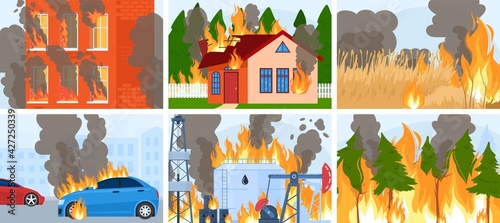 Firefighter dangerous profession, industrial accident, explosion hazard, big flame, design in cartoon, vector illustration.