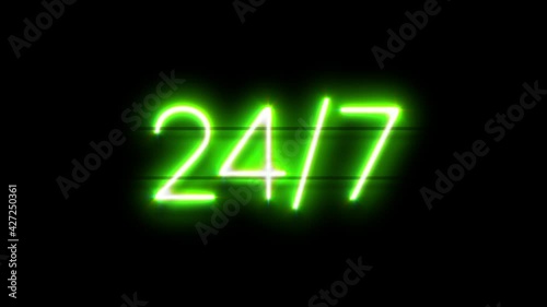 24-7 neon sign appear on black background.