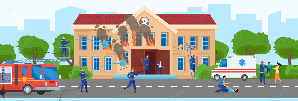 Experienced firefighters extinguish school building, rescue work, dangerous profession, cartoon style, vector illustration.