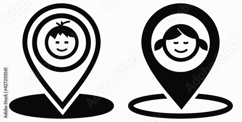 Boy or Gir location icon. Geotag the child. Tracking children. Vector graphics.