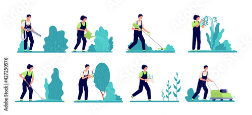 Professional garden girl. Gardener equipment, worker pruning bush leaves. Professional lawn care, flat woman working with plants vector set
