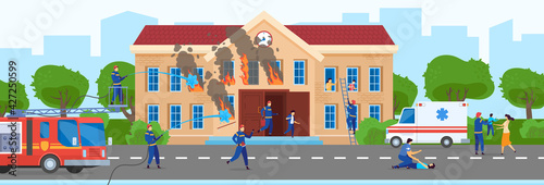 Experienced firefighters extinguish school building, rescue work, dangerous profession, cartoon style, vector illustration.